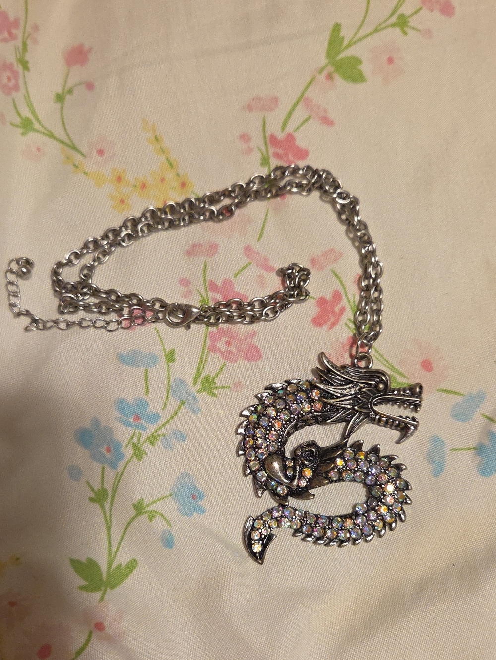 Rhinestone Dragon Pendant Necklace - Silver-tone